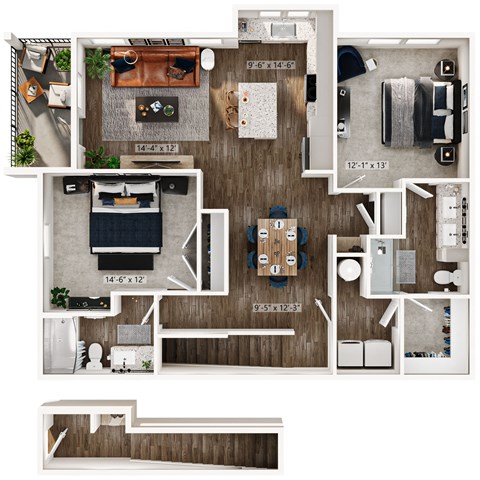Floor plan for 2 beds, 2 baths, 1256 sqft